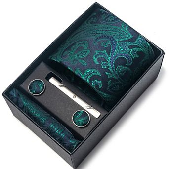 Men's Floral Print Tie Gift Set with Matching Pocket Square Cufflinks and Silver Tie Clip