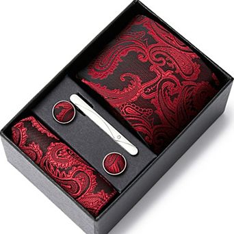 Men's Floral Print Tie Gift Set with Matching Pocket Square Cufflinks and Silver Tie Clip