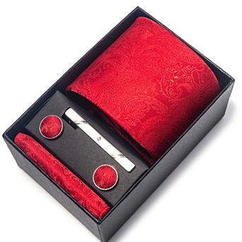 Men's Floral Print Tie Gift Set with Matching Pocket Square Cufflinks and Silver Tie Clip