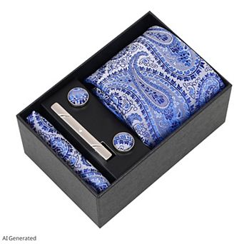 Men's Paisley Floral Tie Gift Set with Matching Pocket Square Cufflinks and Silver Tie Clip