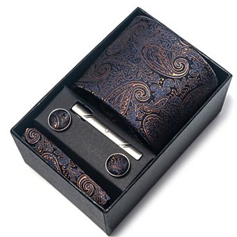Men's Paisley Floral Tie Gift Set with Matching Pocket Square Cufflinks and Silver Tie Clip