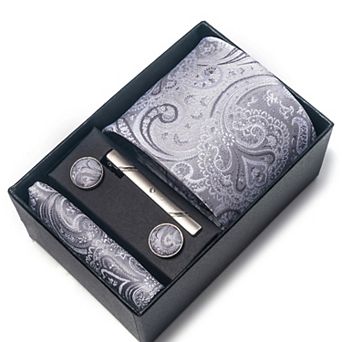 Men's Paisley Floral Tie Gift Set with Matching Pocket Square Cufflinks and Silver Tie Clip