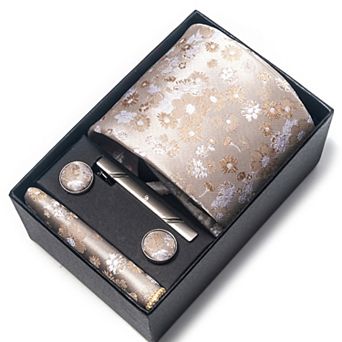 Men's Paisley Floral Tie Gift Set with Matching Pocket Square Cufflinks and Silver Tie Clip