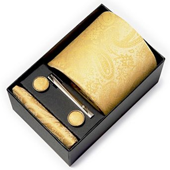 Men's Paisley Floral Tie Gift Set with Matching Pocket Square Cufflinks and Silver Tie Clip