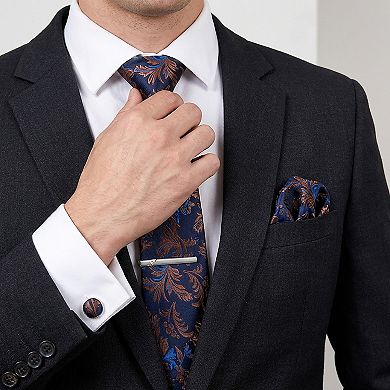 Men's Paisley Pattern Tie Gift Set with Matching Pocket Square Cufflinks and Silver Tie Clip