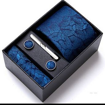 Men's Paisley Pattern Tie Gift Set with Matching Pocket Square Cufflinks and Silver Tie Clip