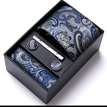 Men's Paisley Pattern Tie Gift Set with Matching Pocket Square Cufflinks and Silver Tie Clip