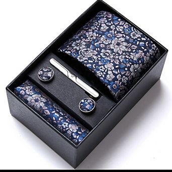 Men's Paisley Pattern Tie Gift Set with Matching Pocket Square Cufflinks and Silver Tie Clip