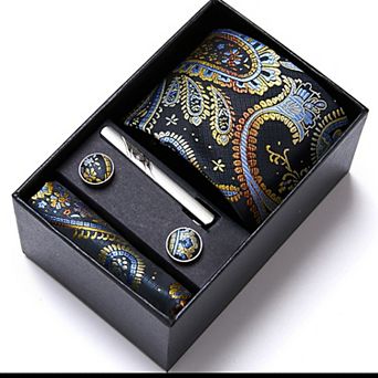 Men's Paisley Pattern Tie Gift Set with Matching Pocket Square Cufflinks and Silver Tie Clip