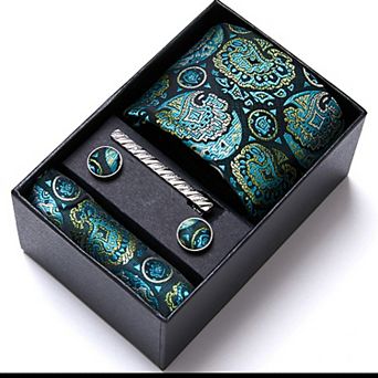 Men's Paisley Pattern Tie Gift Set with Matching Pocket Square Cufflinks and Silver Tie Clip