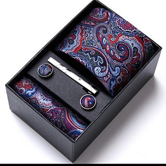 Men's Paisley Pattern Tie Gift Set with Matching Pocket Square Cufflinks and Silver Tie Clip
