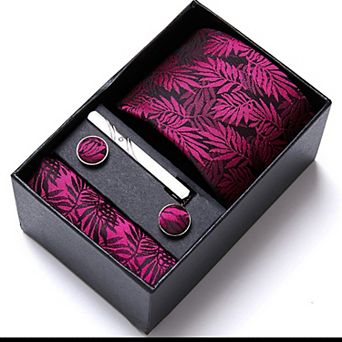 Men's Paisley Pattern Tie Gift Set with Matching Pocket Square Cufflinks and Silver Tie Clip
