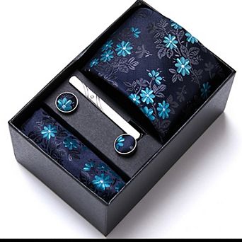 Men's Paisley Pattern Tie Gift Set with Matching Pocket Square Cufflinks and Silver Tie Clip