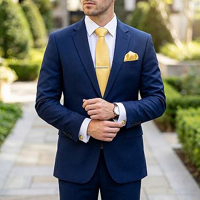 Men's Textured Solid Color Tie Gift Set with Matching Pocket Square Cufflinks and Silver Tie Clip
