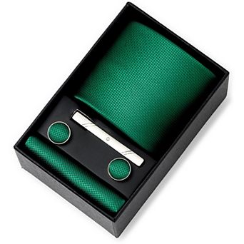 Men's Textured Solid Color Tie Gift Set with Matching Pocket Square Cufflinks and Silver Tie Clip