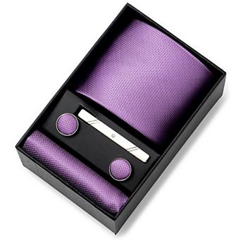 Men's Textured Solid Color Tie Gift Set with Matching Pocket Square Cufflinks and Silver Tie Clip