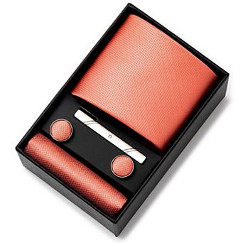 Men's Textured Solid Color Tie Gift Set with Matching Pocket Square Cufflinks and Silver Tie Clip