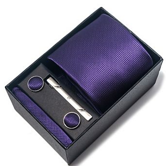 Men's Textured Solid Color Tie Gift Set with Matching Pocket Square Cufflinks and Silver Tie Clip