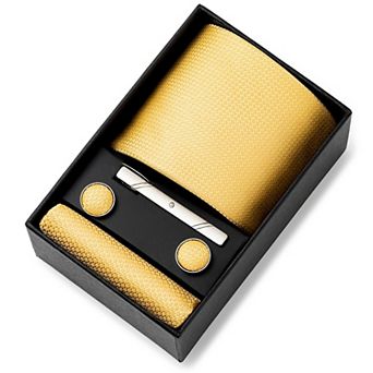 Men's Textured Solid Color Tie Gift Set with Matching Pocket Square Cufflinks and Silver Tie Clip