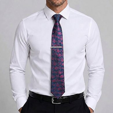 Men's Rose Floral Tie Gift Set with Matching Pocket Square Cufflinks and Silver Tie Clip