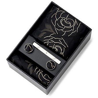 Men's Rose Floral Tie Gift Set with Matching Pocket Square Cufflinks and Silver Tie Clip