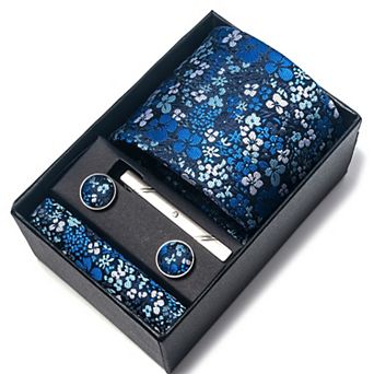Men's Rose Floral Tie Gift Set with Matching Pocket Square Cufflinks and Silver Tie Clip