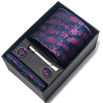 Men's Rose Floral Tie Gift Set with Matching Pocket Square Cufflinks and Silver Tie Clip