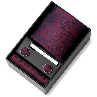 Men's Rose Floral Tie Gift Set with Matching Pocket Square Cufflinks and Silver Tie Clip