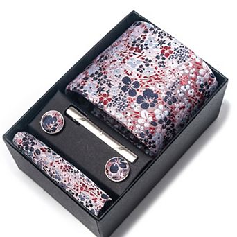 Men's Rose Floral Tie Gift Set with Matching Pocket Square Cufflinks and Silver Tie Clip