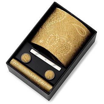 Men's Rose Floral Tie Gift Set with Matching Pocket Square Cufflinks and Silver Tie Clip