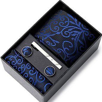 Men's Baroque Floral Tie Gift Set with Matching Pocket Square Cufflinks and Silver Tie Clip