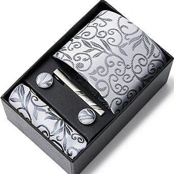 Men's Baroque Floral Tie Gift Set with Matching Pocket Square Cufflinks and Silver Tie Clip