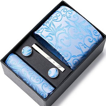 Men's Baroque Floral Tie Gift Set with Matching Pocket Square Cufflinks and Silver Tie Clip