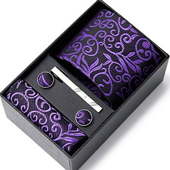 Men's Baroque Floral Tie Gift Set with Matching Pocket Square Cufflinks and Silver Tie Clip
