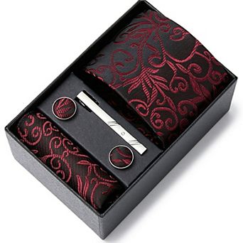 Men's Baroque Floral Tie Gift Set with Matching Pocket Square Cufflinks and Silver Tie Clip