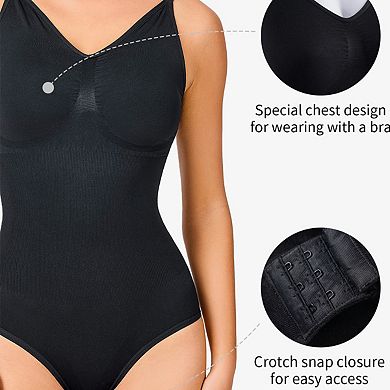 Nebility Women’s V-Neck Seamless Bodysuit Shapewear with Tummy Control Thong Body Shaper
