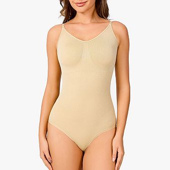 Nebility Women’s V-Neck Seamless Bodysuit Shapewear with Tummy Control Thong Body Shaper