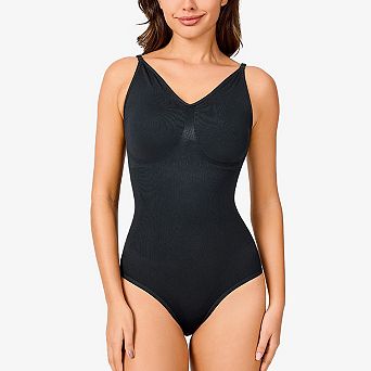 Nebility Women’s V-Neck Seamless Bodysuit Shapewear with Tummy Control Thong Body Shaper