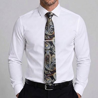 Men's Paisley Tie Gift Set with Matching Pocket Square Cufflinks and Silver Tie Clip