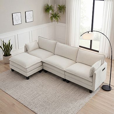 Modern 3-Seat Couch with Matching Ottoman, Built-in USB Ports and Side Pockets
