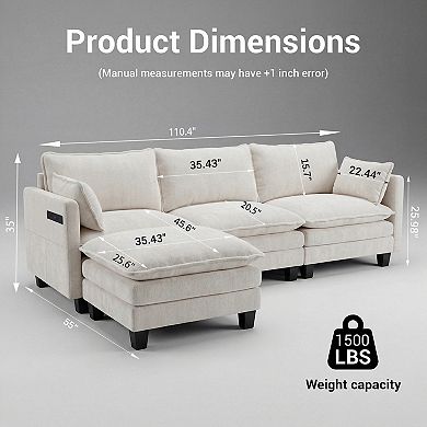 Modern 3-Seat Couch with Matching Ottoman, Built-in USB Ports and Side Pockets