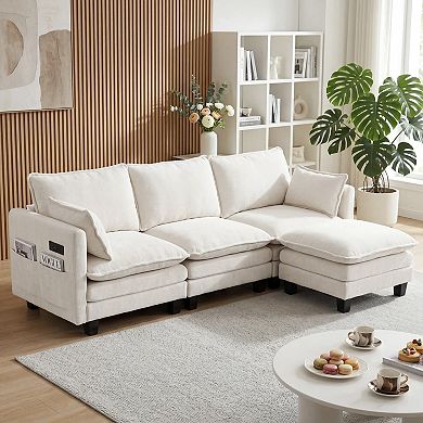 Modern 3-Seat Couch with Matching Ottoman, Built-in USB Ports and Side Pockets