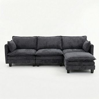 Modern 3-Seat Couch with Matching Ottoman, Built-in USB Ports and Side Pockets