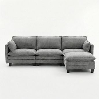 Modern 3-Seat Couch with Matching Ottoman, Built-in USB Ports and Side Pockets