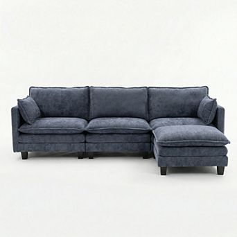 Modern 3-Seat Couch with Matching Ottoman, Built-in USB Ports and Side Pockets