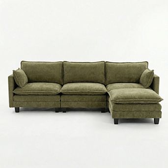 Modern 3-Seat Couch with Matching Ottoman, Built-in USB Ports and Side Pockets