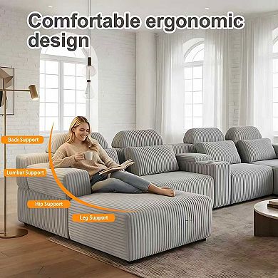 Modern Luxury Corduroy U-Shaped Sofa with Chaise Lounge & Cup Holders