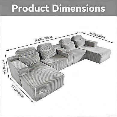 Modern Luxury Corduroy U-Shaped Sofa with Chaise Lounge & Cup Holders