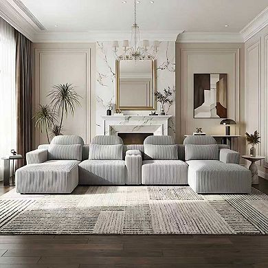 Modern Luxury Corduroy U-Shaped Sofa with Chaise Lounge & Cup Holders