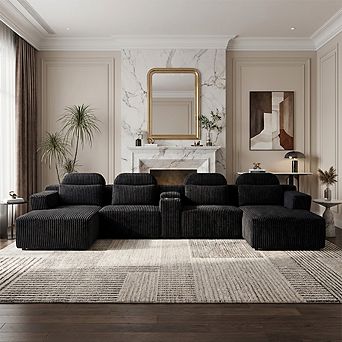 Modern Luxury Corduroy U-Shaped Sofa with Chaise Lounge & Cup Holders